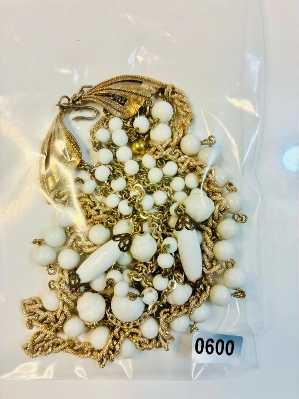 Signed Multi-Strand White Bead and Gold Chain Statement Necklace MCM Retro EUC